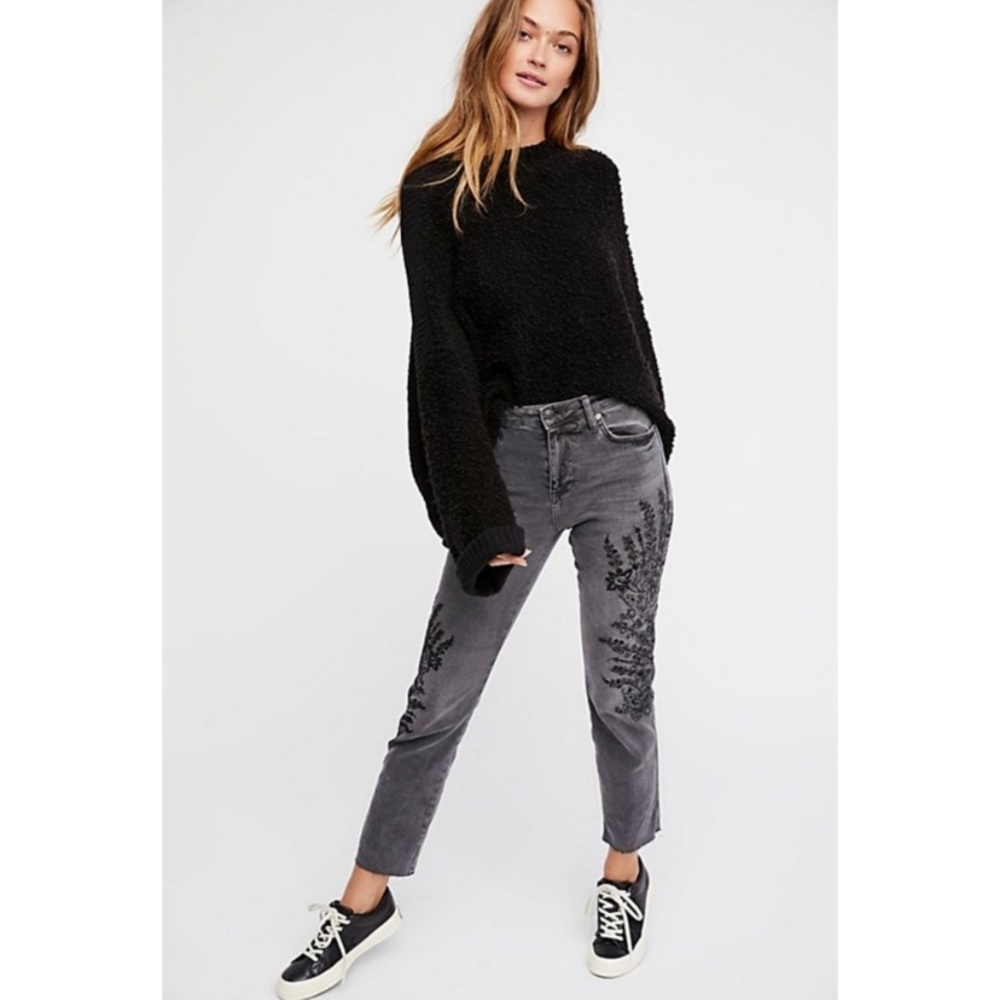 Free People Embroidered Black/Grey Jeans